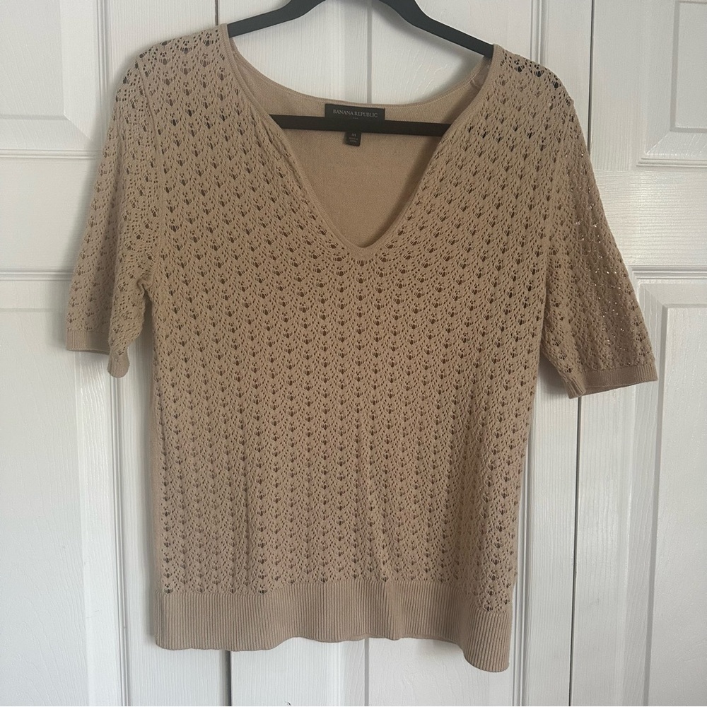 Banana Republic Sweater Womens M Tan Short Sleeve Knit Organic Cotton Minimalist
